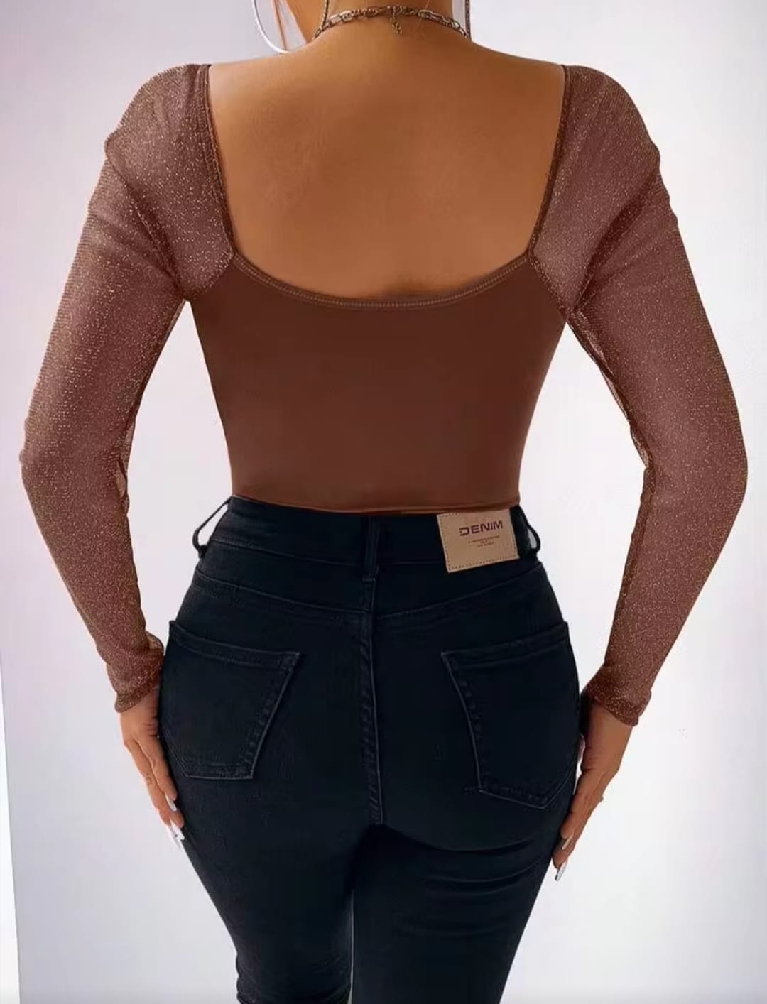 Women’s Red Glitter Long Sleeve Corset Style Bodysuit – Deep V Neck Figure-Hugging Party Wear